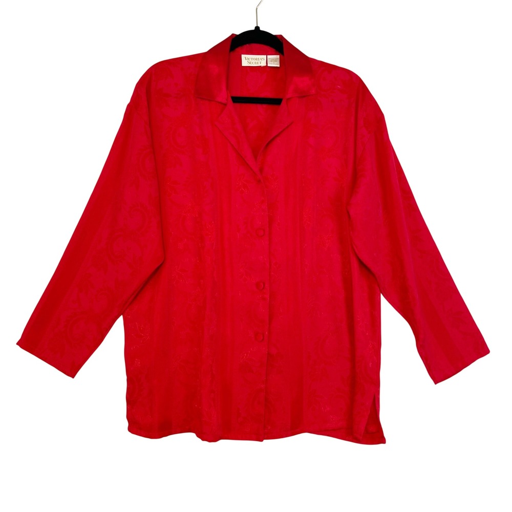 VTG Victorias Secret Red Satin Pajama Top Sleepshirt SMALL Button Up Gold Label